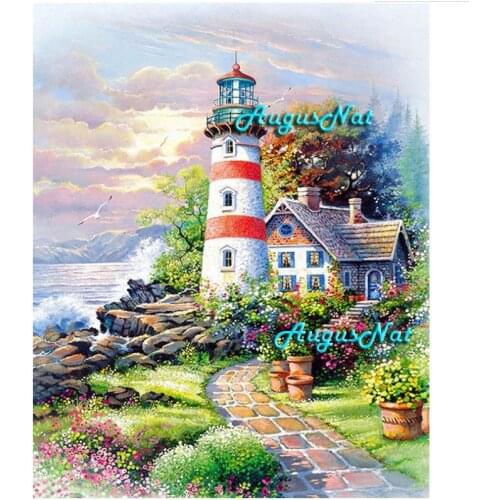Seaside lighthous diamond painting full square scenery house wall art landscape diamond dots decor diy diamond canvas art crafts