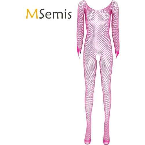 Lingerie See-through Mesh Bodystocking Womens Sexy Stretchy Nightwear Round Neck Long Sleeve with Thumb Hole Crotchless Bodysuit