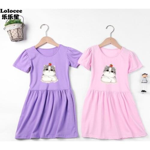 Orange Cat Cartoon Dress For 2-14T Girl Aimi Lakana Kids Short Sleeve Print Clothing Girls Summer Cotton Dress Casual Clothes
