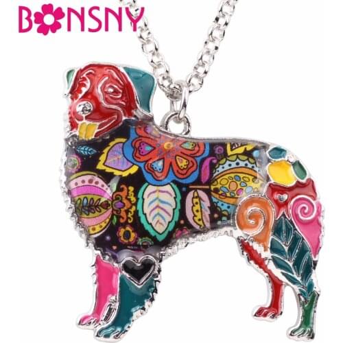 Bonsny Enamel Alloy Maxi Australian Shepherd Dog Necklace Pendant Chain Collar Choker Unique Animal Jewelry For Women Girls Gift