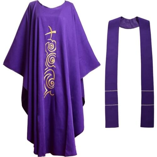Priest Vestments Robe Religion Christian Church Purple Chasuble Cross Embroidered