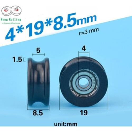 4*19*8.5 Black color U-groove bearing 624zz covered with POM material,dimatere 19mm,bearing bore 4mm,roller thickness 8.5mm
