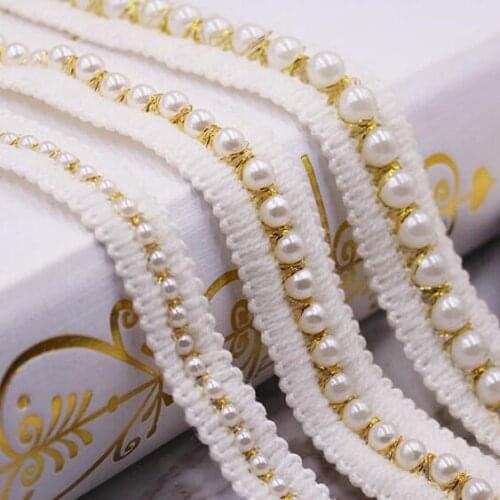 50Yards Handmade Luxury Pearl Beaded Lace Trim Embroidered Rhinestones Applique Braided Gold Lace Ribbon Belt For Wedding Dress