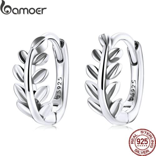 BAMOER Fashionable 925 Sterling Silver Leaf Ear Buckles Earring Simple Classic Hoop Earrings for Women Statement Jewelry BSE500