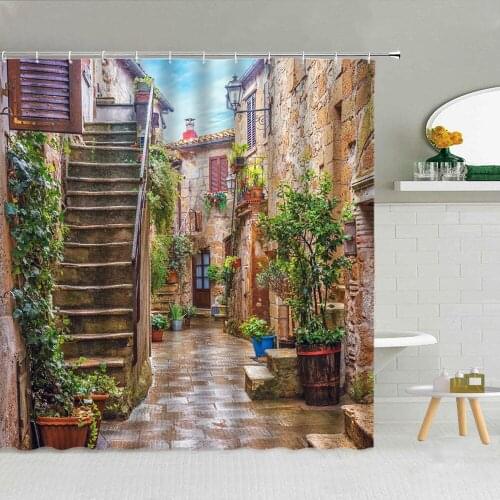 Nordic Street Garden Scenery Shower Curtain Retro Vintage Stone Wall Wood Green Plants Bathroom Decor Fabric Hooks Curtains Set