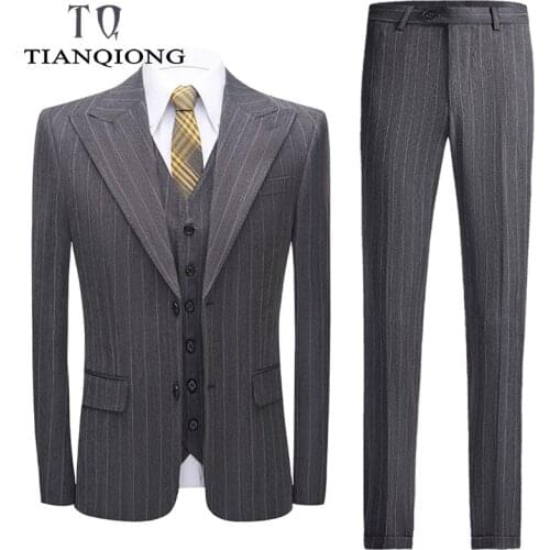 TIAN QIONG Grey Striped Suit Men Classic Mens Wedding Suits costume 3 pieces homme 6XL Mens Office Formal Business Suits