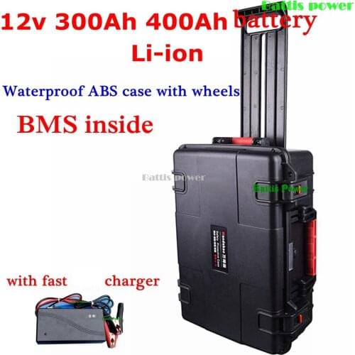 Waterproof 12V 300AH 400Ah lithium battery li ion BMS wheel trolley case for caravan photovoltaic solar system +20A Charger