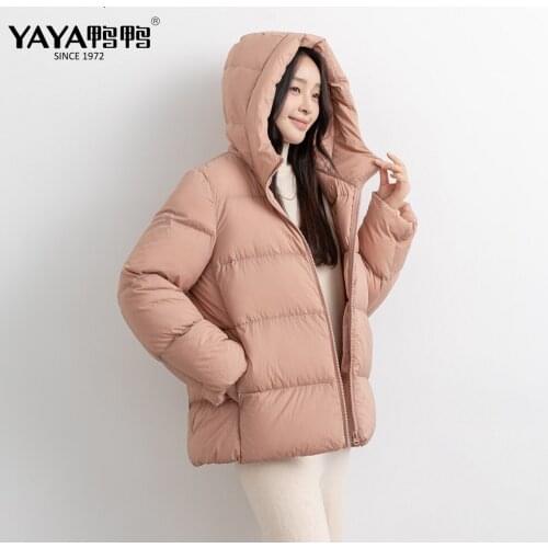 YAYA 2021 Women Puffer Jackets White Down Hat Thick Windproof Warm Hood Winter Down Women Ladies Parkas Padded Short Coat
