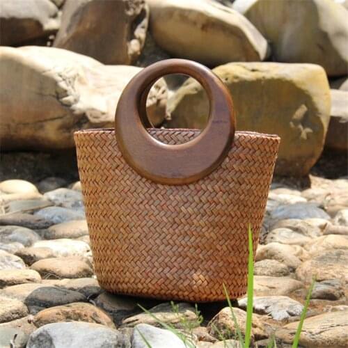 24x18CM Original Hand-woven Retro Straw Pouch Women New Wooden Handle Handbag Fashion Bucket a6102