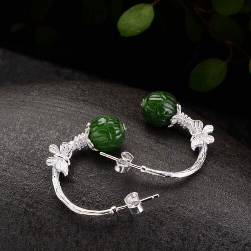 S925 sterling silver ladies inlaid natural Hetian jade butterfly silver earrings free shipping