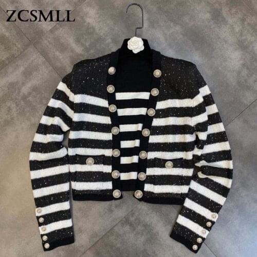 ZCSMLL V-neck Shoulder Pads Long-sleeved Glittering Sequins Double-breasted Thin Ins Knitted Cardigan 2021 Autumn Jacket Tide