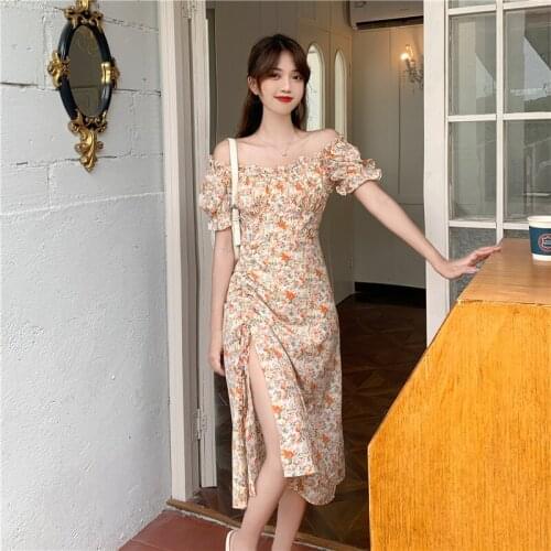 Summer French Vintage Floral Dress Women Designer Sweet Elegant Split Midi Dress Casual Short Sleeve Holiday Dress 2021
