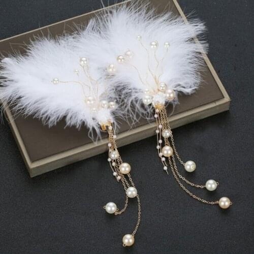 1Set White Feather Pearl Hair Clip With Tassel Bridal Girls Hair Accessories Clip Hair Jewelry Decoration Wedding Headpiece