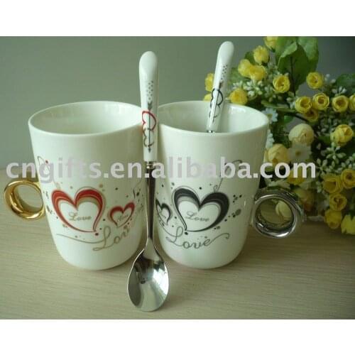 24sets/lot Novelty valentine gifts ceramic lovers mug 2carat crystal diamond ring couple cup with spoons