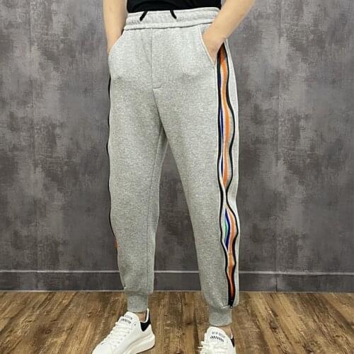 Men Harajuku Mid Waist Pencil Pants Mens Casual Jogger Trousers Spring Autumn Fashion Side Zip Design Striped Print Sweatpants