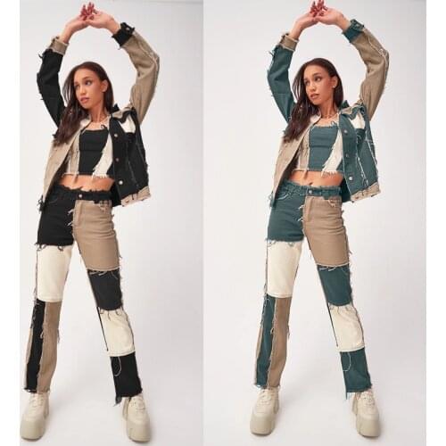 Woman Patchwork Skinny Straight Leg Jeans Mid Waist Denim Trousers Sexy Color Block Vintage Streetwear Pants Fashion Clothing