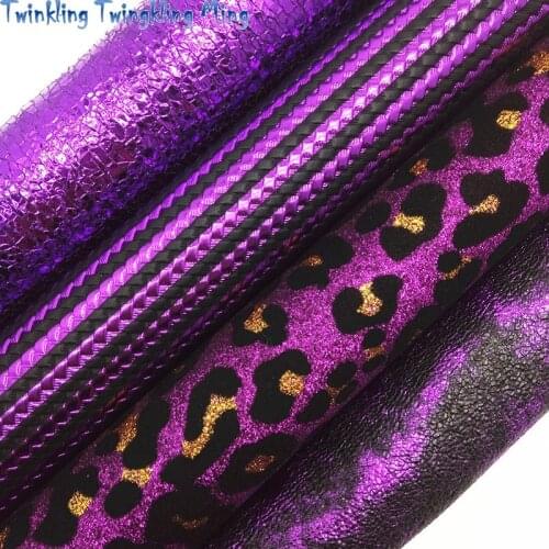 Purple Leopard Printed Glitter leather, Metallic Synthetic Leather Faux Fabric For Bow A4 21x29CM Twinkling Ming KM176