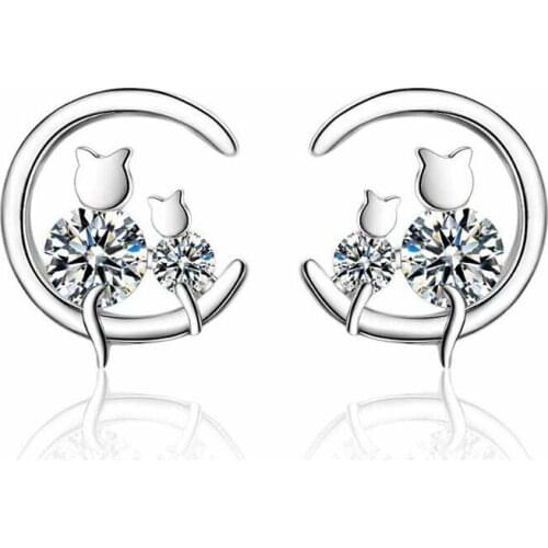 KOFSAC Romantic 925 Sterling Silver Stud Earrings For Women Shiny Zircon Kitten Cat Earring Lady Jewelry Anniversary Accessories