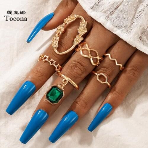 Tocona 6pcs/sets Luxury Green Crystal Stone Flowers Gold Ring Sets for Women Men Hollow Out Star Party Jewelry кольца 18661