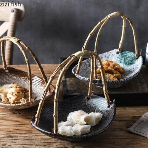 Creative Ceramic Plate Restaurant Sushi Restaurant Restaurant Tableware Bowl Bamboo Handle Hanging Fruit Basket