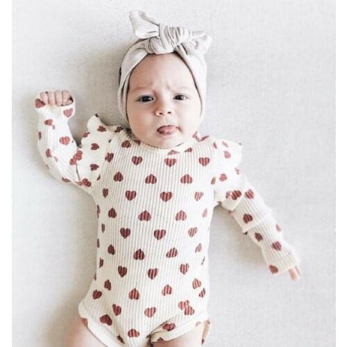 Cute Newborn Infant Baby Girl Clothes Ruffle Long Sleeve Bodysuit Fashion Babies Peach Heart Print Jumpsuit Cotton Lovely Outfit