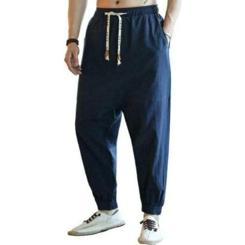 Mens Low Crotch Baggy Chinese Style Elastic Waist Harem Pants Plain Cotton New