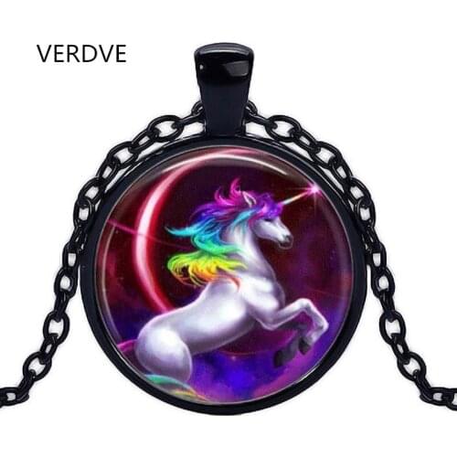 New Fashion Jewelry Unicorn Photo Convex Round Glass Pendant Necklace