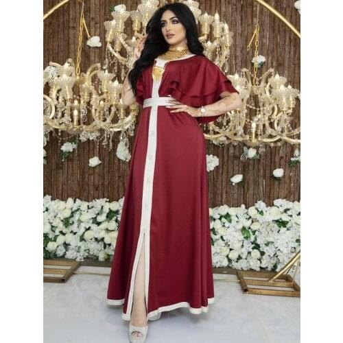 Soft Satin Jalabiya Hijab Dress for Women Fashion Ribbon Muslim Dubai Arabic Moroccan Kaftan Maroon Ruffle Short Sleeve