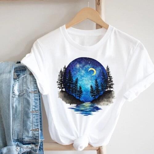 WVIOCE Casual Cartoon Moon Star Night Printed Women T Shirt 90s Fashion Clothes Summer Female Tee Top Graphic T-shirt 29407