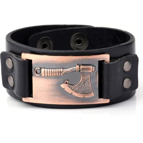 Pulseira Masculina Antique Copper Ax Slavic Strap Seal Punk Viking Cuff Leather Mens Bracelets Hidden-security Snaps