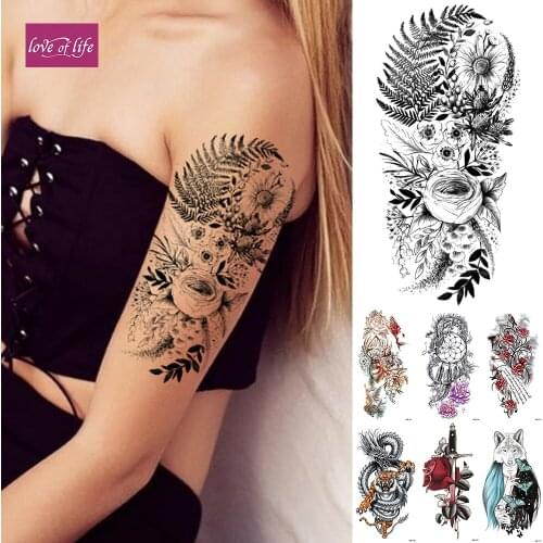 Rose Lace Flowers Temporary Tattoo Sticker Flash Waterproof Tattoos Snake Dragon Body Art Arm Fake Tatoo Women Men
