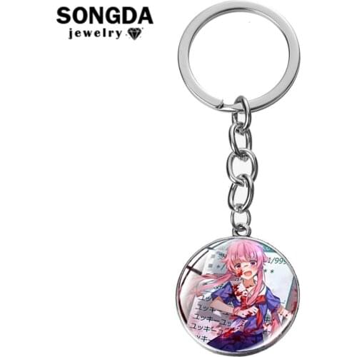 SONGDA Future Diary Mirai Nikki Key Chain Gasai Yuno Cute Pattern Glass Cabochon Hanging Pendant Keychain Japanese Anime Keyring