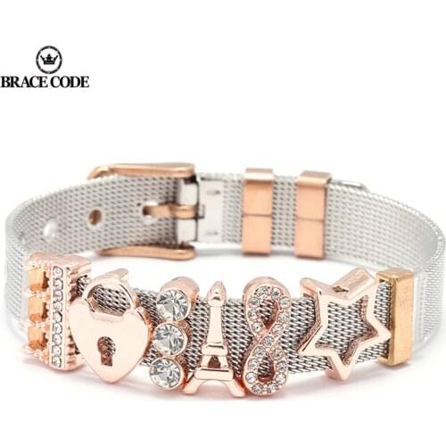 High Quality Rose Gold Color Stainless Steel Mesh Bracelet Love Lock Charms Fine Bracelet European Woman Watch Accessories