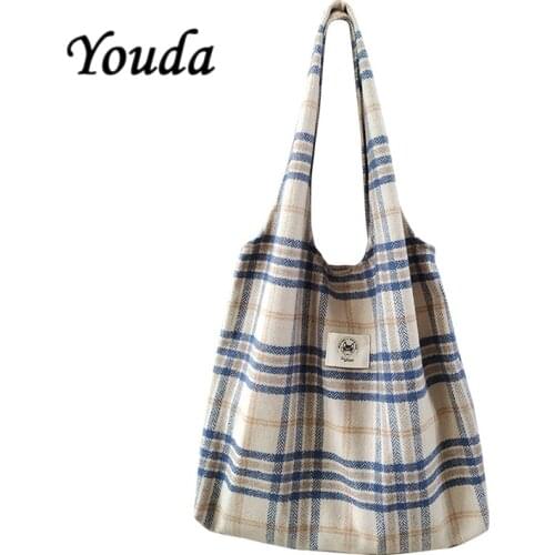 Yoyda 2021 Winter Korean Literary Bag for Women Plaid Cotton Fabric Handbag Retro Large Capacityshopping Bags Book Shoulder Pack