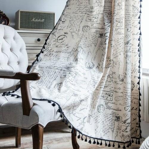 Cilected Letters Printed Tube Curtain Black Tassel Cotton And Linen Semi-Shade Bay Window Curtains Home Decoration Curtain