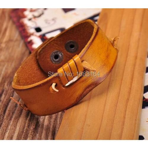 Yellow Cool Genuine Leather Wristband Bracelet Cuff Wrap Lined&Contrast New Mens