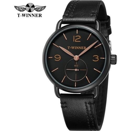 T-WINNER fashion casual mens watch simple black classic style rose gold time scale leather strap automatic mechanical watch