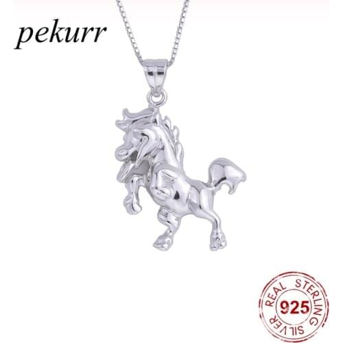 Pekurr 925 Sterling Silver Steed Run Horse Female Pendants Foal Long Chain Necklaces For Women Collar Animal Fashion Jewelry