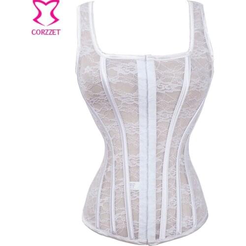 Sexy Hollow Out Lace Corset White Wedding Bustier Tank Vest Corsets and Bustiers Bridal Lingerie Burlesque Korsett For Women XS