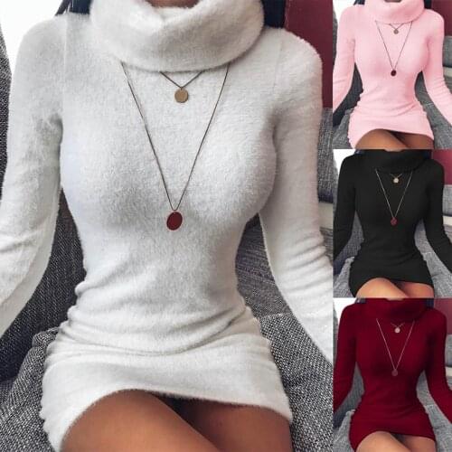 Womens SweaterWarm Sweater Autumn and Winter Womens High Neck Long Sleeves Slim Thin Hip Dress