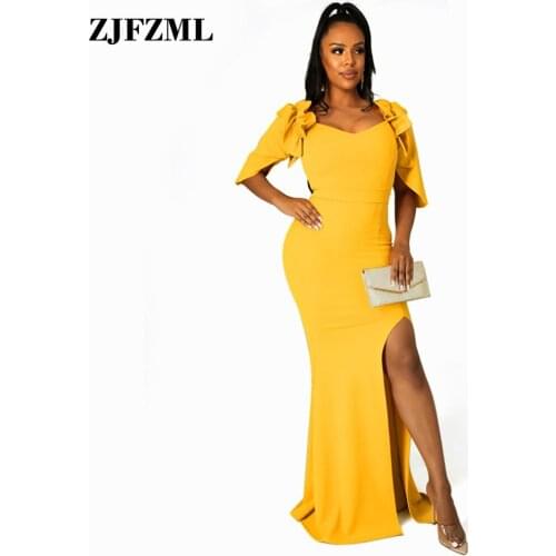 Womens Solid Bandage Party Clubwear Dresses Sexy Cascading Ruffle Side High Split Prom Dress Elegant Body-shaping Robe Femme