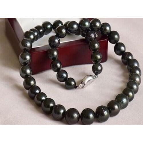 AAA10-11mm tahitian round black green pearl necklace 18"925s