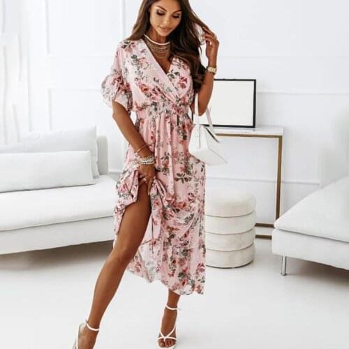 Casual Short Sleeve Ruffles Chiffon Maxi Dress Women Summer V-neck Floral Print Long Dresses Pink Vintage A-line Robe Femme