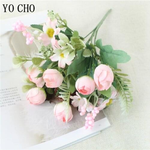 1pcs 10 Flower Head Rose Artificial Flowers Small Bouquet Silk Fake Flowers Wedding Home Decoration Faux Palm Leaves Decor Pink