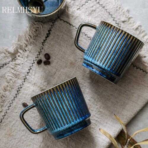 1PC RELMHSYU 249ml Japanese Style Retro Blue Ceramic Couple Cup Mug Office Coffee Tea Water Mug Personality Drinkware