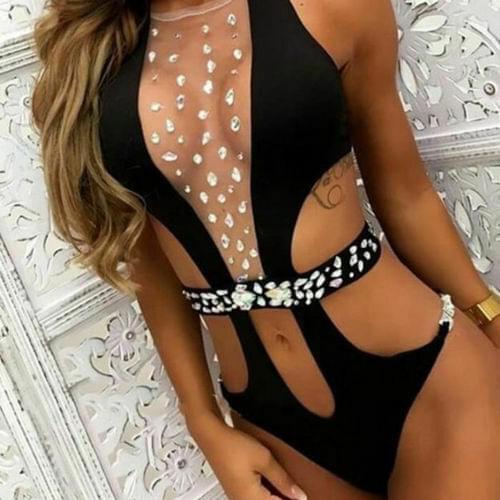 2021 Sexy Women Bikini Monokini with Rhinestone Belt Push Up Hollow Swimwear Swimsuit Summer Bathing Suit Beachwear