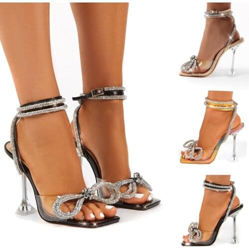 2021 Rhinestone Bowknot Women Sandals PVC Jelly Transparent Perspex High Heels Summer Sexy Square toe Ankle Buckle Strap Shoes42