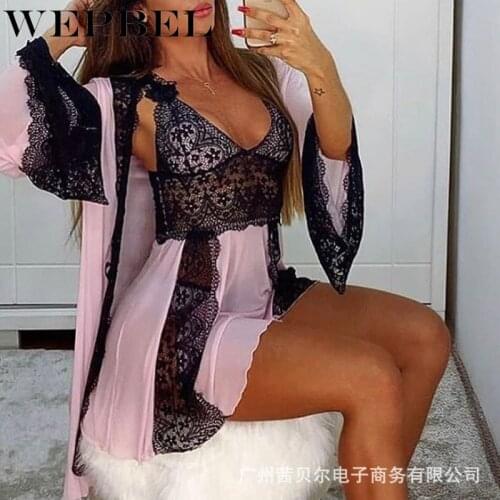 WEPBEL Women Sexy Lace Patchwork Bathrobe Lingerie Set Sleepwear Pajamas Womens Pajamas Dress + Cardigan Sleepwear 3 pcs Set