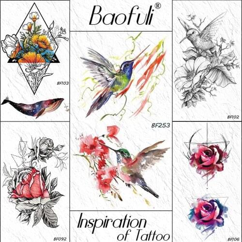 BAOFULI Hummingbird Flower Leaves Temporary Tattoo Sticker Watercolor Ink Fly Tattoos Colorful Body Art Arm Women Fake Tatoo