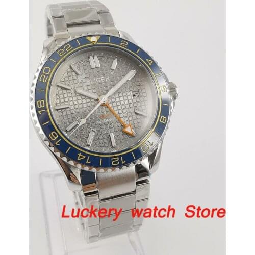 Bliger 41mm GMT Men watches gray dial saphire glass Ceramic Bezel luxury Automatic mechanical watch